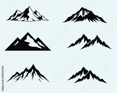 Six different black silhouette mountain range icons on white background