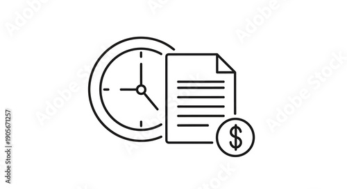 Line art icon representing time, money, and financial documents for business management.