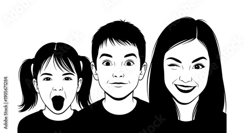 Happy Family with Children and Mother Smiling Together.