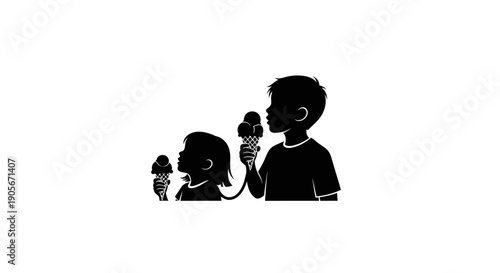 Silhouette of a boy and girl enjoying ice cream together.