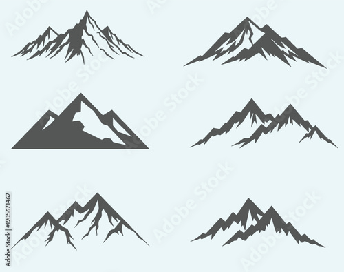Collection of six different mountain silhouettes on white background