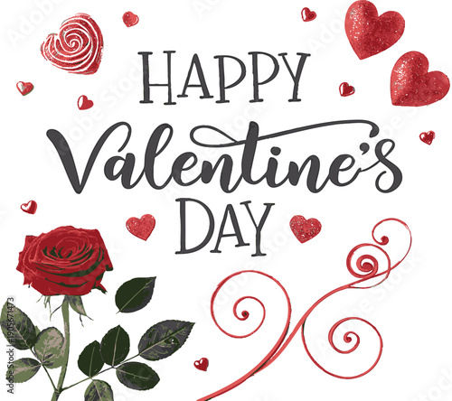 Valentine's Day Wishes: A romantic visual featuring Happy Valentine's Day calligraphy amidst hearts and a red rose, conveying a message of love and affection.