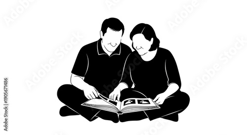 Couple sitting together reading a book in a relaxed pose.