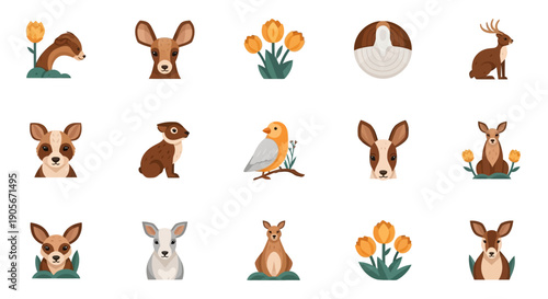 Collection of Cartoon Rabbit and Deer Faces.