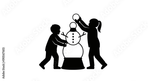 Children building a snowman together on a white background.