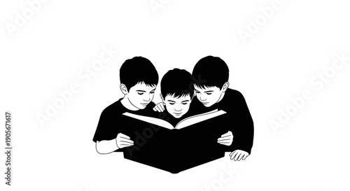 Three children gathered around a book reading together.