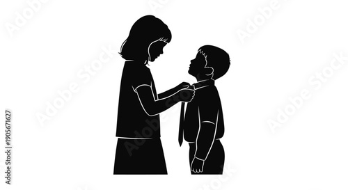 Mother adjusting child's tie in simple illustration.