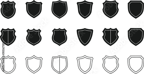 Shield badge icon collection showing security protection emblem shapes for police safety defense logo design set vector minimal black white