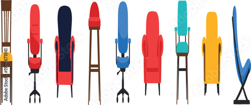 Modern Chair Top View Vector Illustration Set with Colorful Seating Designs for Interior Planning, Furniture Catalogs, Home Decor, and Creative UI Graphics