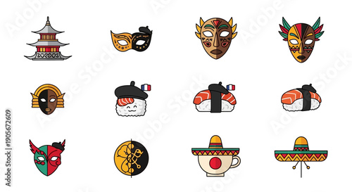 Assorted Japanese Masks and Cultural Icons.