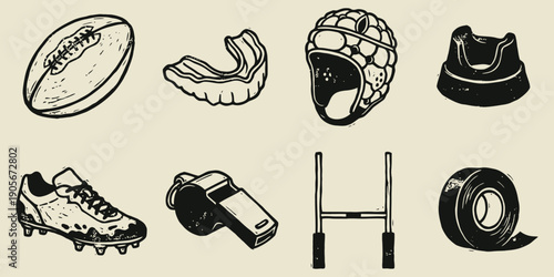 Hand Drawn Distressed Collection of Rugby Match Elements