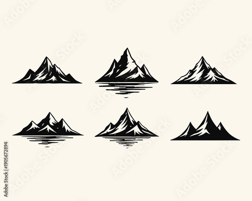 Black and white mountain range icons with water reflections