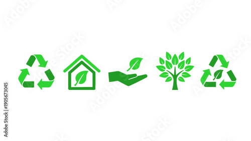 An icon set illustrating eco-friendly homes, recycling symbols, and environmental care themes.