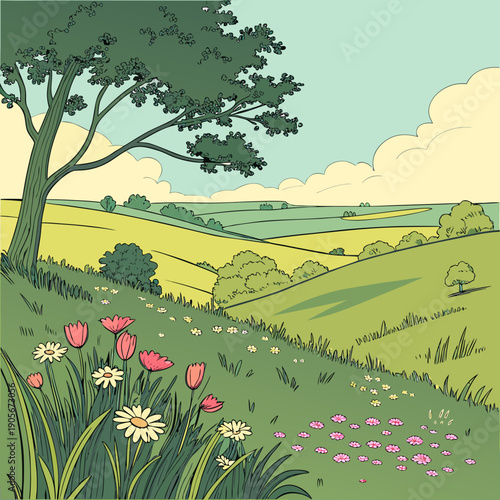 Vibrant Meadow Landscape with Wildflowers and Open Sky