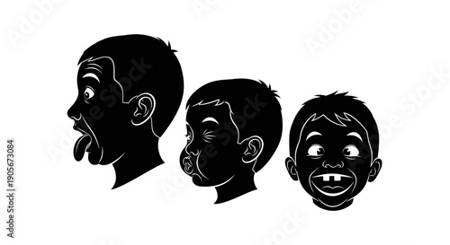 Three cartoon heads with different facial expressions.