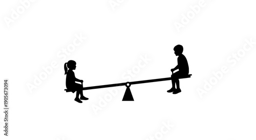 Two children playing on a seesaw in balance.