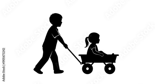 Silhouette of a boy pulling a girl in a toy wagon.