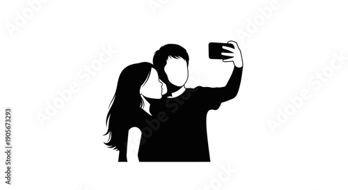 Couple Taking Selfie Together Silhouette Illustration.