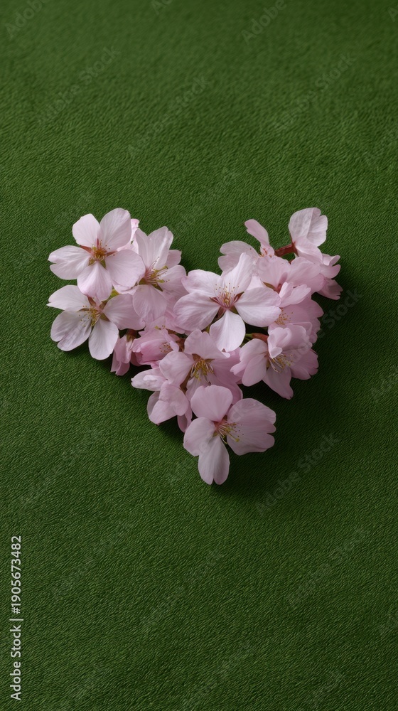 Obraz premium Heart Shaped Arrangement of Cherry Blossoms on Green Background for Creative Projects