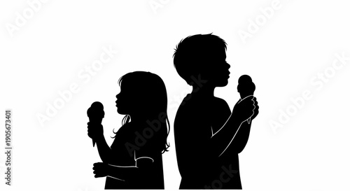 Silhouette of a boy and girl holding ice cream cones together.