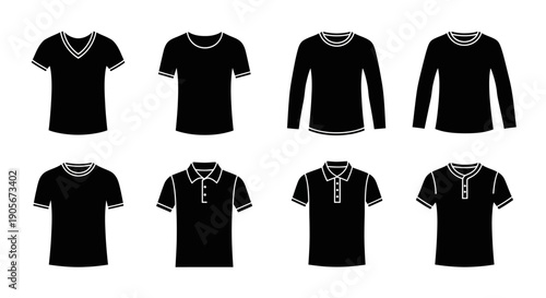 Collection of black t-shirts and long-sleeved shirts with various necklines and designs.