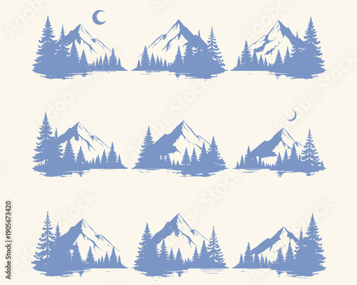 Mountain landscape silhouettes with pine trees in various configurations