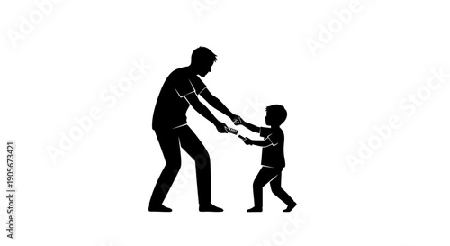 Father holding hands with little child walking together silhouette.