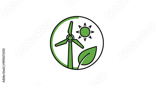A simple green line drawing of a wind turbine with a sun and leaf inside a circle on a white background.