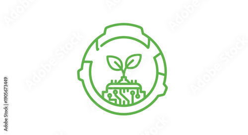 A green line drawing of a recycling symbol with a plant growing out of the ground in the center on a white background.