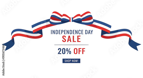 Independence Day sale banner with red, white and blue ribbon bow, 20% off text, vector illustration for website or social media promotion