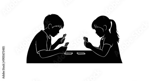 Silhouette of a boy and girl sitting together using mobile phones.