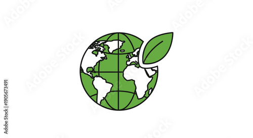 A simple line drawing of a green globe with a leaf growing out of it on a white background.