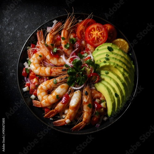 A top-view Mexican plate of grilled chicken wings and shrimp with lemon, served with fresh vegetables