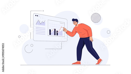 Man analyzing business charts on a digital screen, modern flat illustration concept