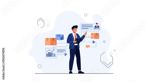 Business man analyzing logistics workflow, planning shipping and delivery process