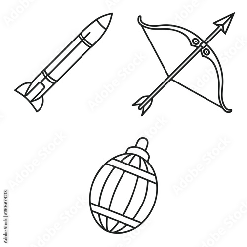 Three medieval including a rocket crossbow and a barrel bomb medieval rocket arrow