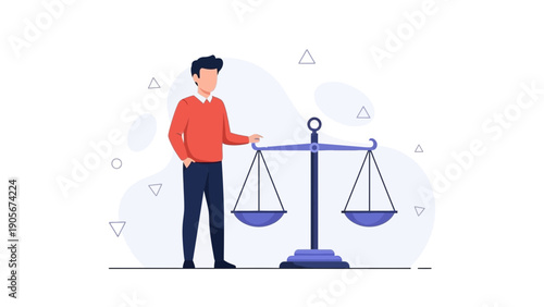 Man Standing Next to Scales of Justice Symbolizing Balance and Fairness