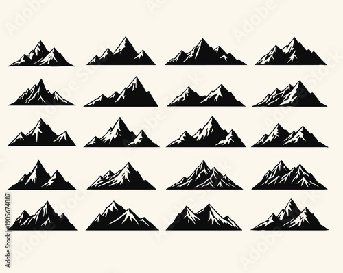Collection of various mountain silhouettes in different shapes and sizes