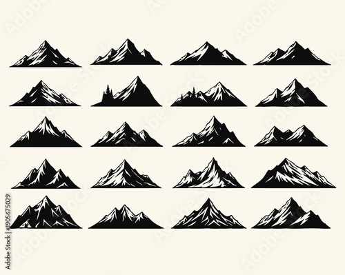 Collection of various mountain silhouettes with different shapes and sizes