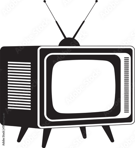 Black and white retro television with rabbit ear antennas and four legs vintage old fashioned