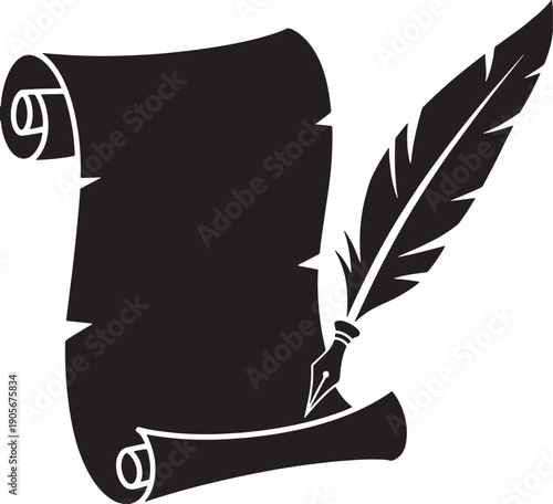 Black silhouette of a quill pen and inkwell poised over a rolled parchment scroll