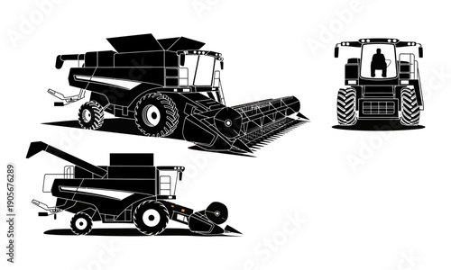 black and white illustrations of combine harvesters and tractor front view for agriculture and farming concepts  three different views