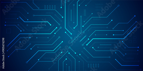 Modern futuristic technology background with abstract electronic circuit lines in blue tones. Concept of artificial intelligence, digital networks, data processing and IT innovation.