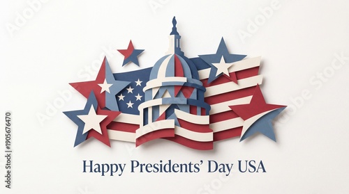 Paper Cut Style Illustration for Presidents Day Featuring US Capitol Dome with Stars and American Flag Elements on White Background