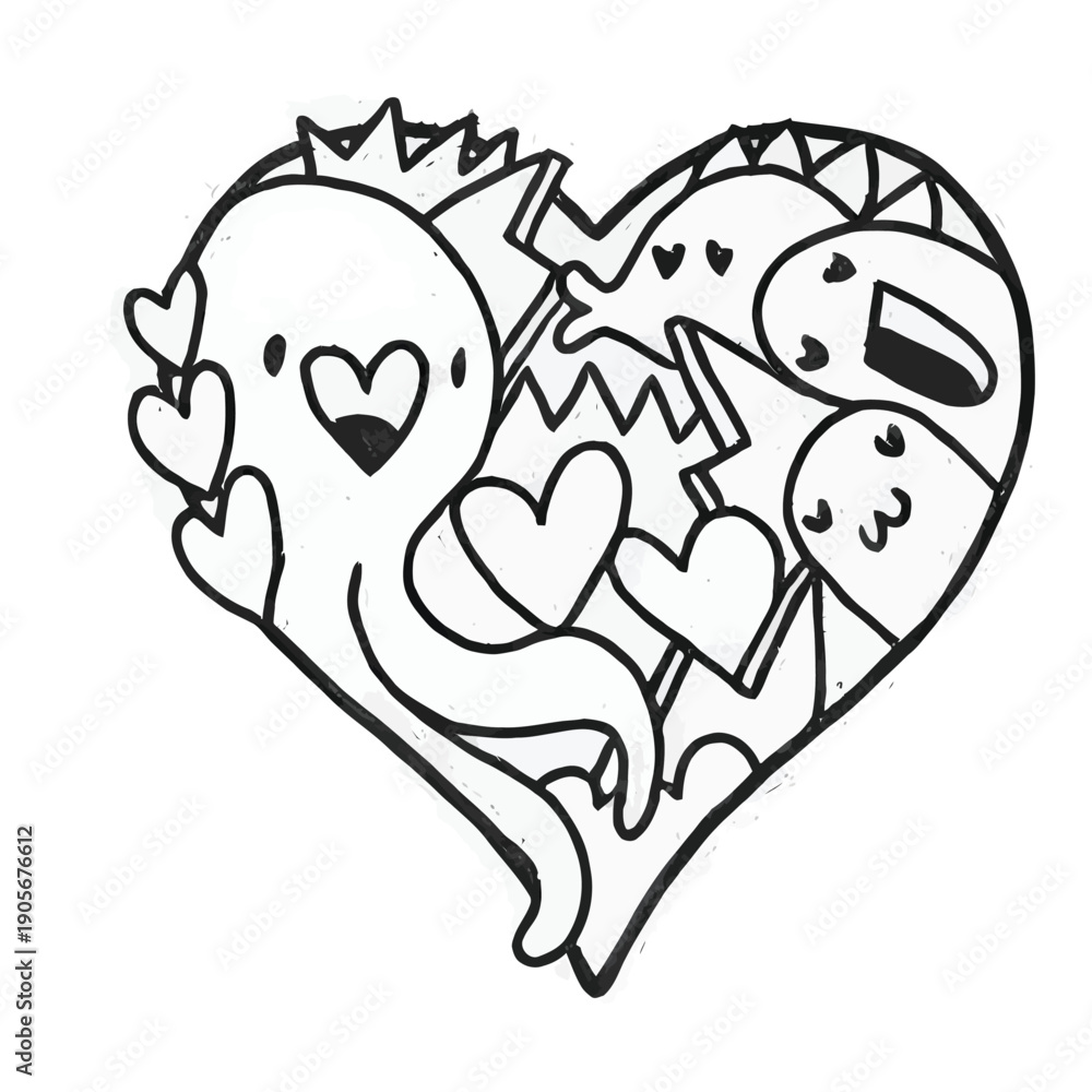 Naklejka premium Cartoon monsters in a heart shape