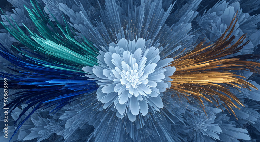 Obraz premium Abstract fractal image with blue flower-like shape in the center, with teal, blue and brown streaks radiating outwards, suggesting growth or radiation