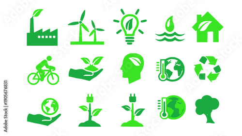 An icon set representing sustainable lifestyle, renewable energy, and environmental awareness.