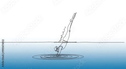 Minimalist single line drawing captures a competitive diver perfectly executing a graceful entry into clear blue water creating visible ripples below the surface.