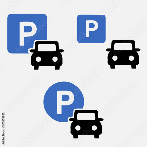 Three Parking Sign Variations Square, Rectangle, and Location Pin Icons, with Cars Below