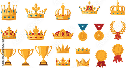 Royal Crown and Award Trophy Vector Illustration Set with Gold Medals, Laurels, and Prize Symbols for Victory, Achievement, Luxury Branding, and Championship Designs